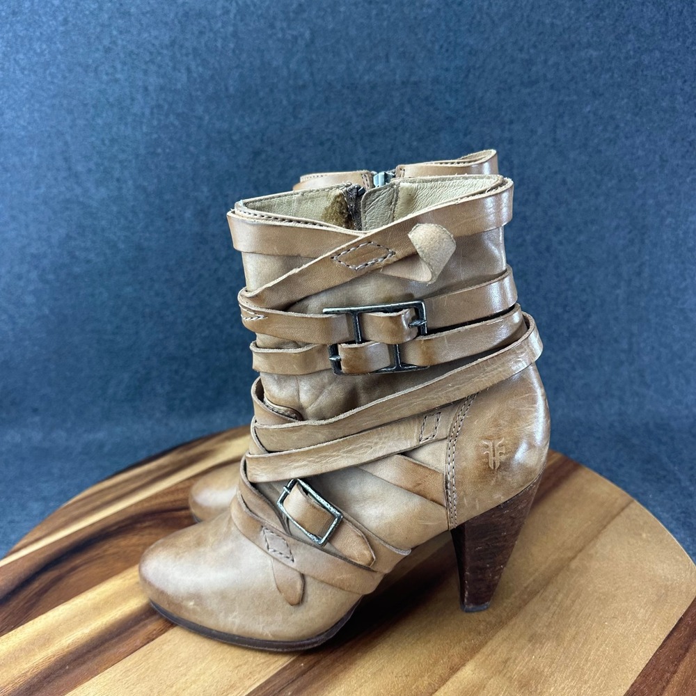 Frye Mikaela Strappy Tan Leather Strap Buckle Ankle Boots Womens 8.5 3475541-GRY - Picture 7 of 12